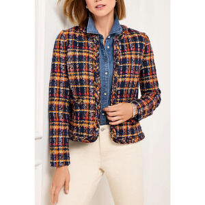 Talbots Tweed Jacket Sunflower Plaid Pockets Women's Size 14P 14 Petite Office